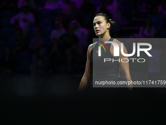 RIYADH, SAUDI ARABIA - NOVEMBER 04: Aryna Sabalenka of Belarus during her match against Jasmine Paolini of Italy on day 3 of the 2024 WTA Fi...