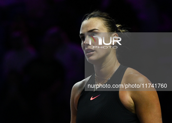 RIYADH, SAUDI ARABIA - NOVEMBER 04: Aryna Sabalenka of Belarus during her match against Jasmine Paolini of Italy on day 3 of the 2024 WTA Fi...