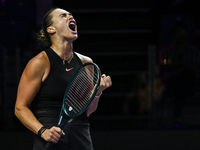 RIYADH, SAUDI ARABIA - NOVEMBER 04: Aryna Sabalenka of Belarus during her match against Jasmine Paolini of Italy on day 3 of the 2024 WTA Fi...