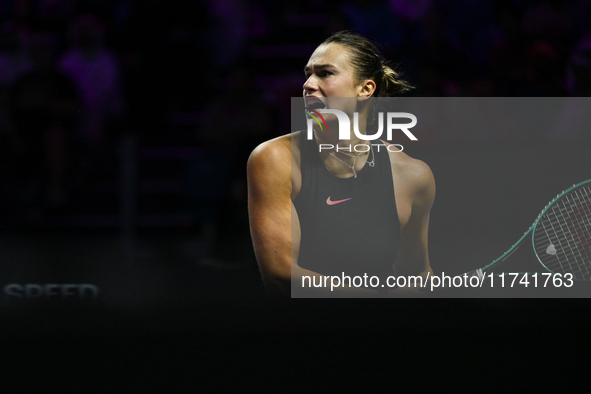 RIYADH, SAUDI ARABIA - NOVEMBER 04: Aryna Sabalenka of Belarus during her match against Jasmine Paolini of Italy on day 3 of the 2024 WTA Fi...