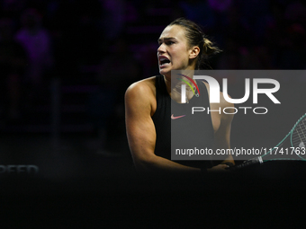 RIYADH, SAUDI ARABIA - NOVEMBER 04: Aryna Sabalenka of Belarus during her match against Jasmine Paolini of Italy on day 3 of the 2024 WTA Fi...