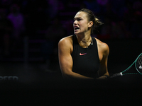 RIYADH, SAUDI ARABIA - NOVEMBER 04: Aryna Sabalenka of Belarus during her match against Jasmine Paolini of Italy on day 3 of the 2024 WTA Fi...