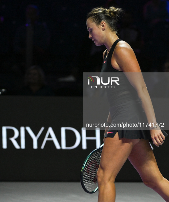 RIYADH, SAUDI ARABIA - NOVEMBER 04: Aryna Sabalenka of Belarus during her match against Jasmine Paolini of Italy on day 3 of the 2024 WTA Fi...