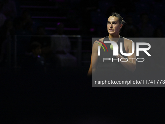 RIYADH, SAUDI ARABIA - NOVEMBER 04: Aryna Sabalenka of Belarus during her match against Jasmine Paolini of Italy on day 3 of the 2024 WTA Fi...