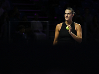 RIYADH, SAUDI ARABIA - NOVEMBER 04: Aryna Sabalenka of Belarus during her match against Jasmine Paolini of Italy on day 3 of the 2024 WTA Fi...