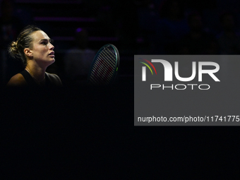 RIYADH, SAUDI ARABIA - NOVEMBER 04: Aryna Sabalenka of Belarus during her match against Jasmine Paolini of Italy on day 3 of the 2024 WTA Fi...