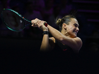 RIYADH, SAUDI ARABIA - NOVEMBER 04: Aryna Sabalenka of Belarus during her match against Jasmine Paolini of Italy on day 3 of the 2024 WTA Fi...