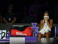 RIYADH, SAUDI ARABIA - NOVEMBER 04: Aryna Sabalenka of Belarus during her match against Jasmine Paolini of Italy on day 3 of the 2024 WTA Fi...