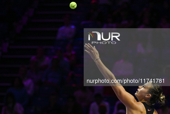 RIYADH, SAUDI ARABIA - NOVEMBER 04: Aryna Sabalenka of Belarus during her match against Jasmine Paolini of Italy on day 3 of the 2024 WTA Fi...