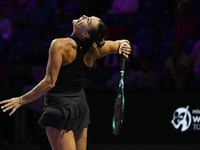 RIYADH, SAUDI ARABIA - NOVEMBER 04: Aryna Sabalenka of Belarus during her match against Jasmine Paolini of Italy on day 3 of the 2024 WTA Fi...