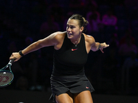 RIYADH, SAUDI ARABIA - NOVEMBER 04: Aryna Sabalenka of Belarus during her match against Jasmine Paolini of Italy on day 3 of the 2024 WTA Fi...