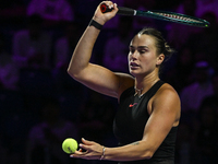 RIYADH, SAUDI ARABIA - NOVEMBER 04: Aryna Sabalenka of Belarus during her match against Jasmine Paolini of Italy on day 3 of the 2024 WTA Fi...