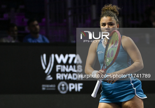 RIYADH, SAUDI ARABIA - NOVEMBER 04: Jasmine Paolini of Italy during her match against Aryna Sabalenka of Belarus  on day 3 of the 2024 WTA F...