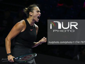 RIYADH, SAUDI ARABIA - NOVEMBER 04: Aryna Sabalenka of Belarus during her match against Jasmine Paolini of Italy on day 3 of the 2024 WTA Fi...