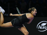 RIYADH, SAUDI ARABIA - NOVEMBER 04: Aryna Sabalenka of Belarus during her match against Jasmine Paolini of Italy on day 3 of the 2024 WTA Fi...