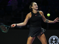 RIYADH, SAUDI ARABIA - NOVEMBER 04: Aryna Sabalenka of Belarus during her match against Jasmine Paolini of Italy on day 3 of the 2024 WTA Fi...