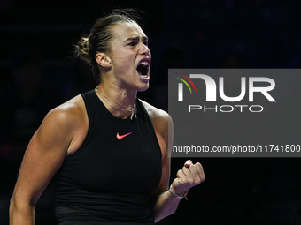 RIYADH, SAUDI ARABIA - NOVEMBER 04: Aryna Sabalenka of Belarus during her match against Jasmine Paolini of Italy on day 3 of the 2024 WTA Fi...