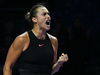 RIYADH, SAUDI ARABIA - NOVEMBER 04: Aryna Sabalenka of Belarus during her match against Jasmine Paolini of Italy on day 3 of the 2024 WTA Fi...