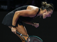 RIYADH, SAUDI ARABIA - NOVEMBER 04: Aryna Sabalenka of Belarus during her match against Jasmine Paolini of Italy on day 3 of the 2024 WTA Fi...