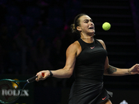 RIYADH, SAUDI ARABIA - NOVEMBER 04: Aryna Sabalenka of Belarus during her match against Jasmine Paolini of Italy on day 3 of the 2024 WTA Fi...