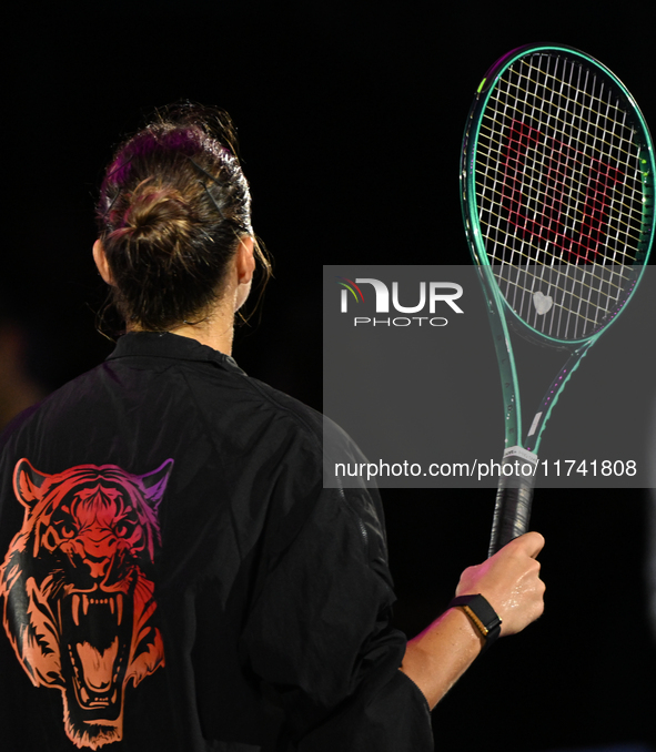 RIYADH, SAUDI ARABIA - NOVEMBER 04: Aryna Sabalenka of Belarus, wearing a Nike outfit featuring a tiger-themed logo on her back, after her m...