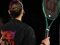 RIYADH, SAUDI ARABIA - NOVEMBER 04: Aryna Sabalenka of Belarus, wearing a Nike outfit featuring a tiger-themed logo on her back, after her m...