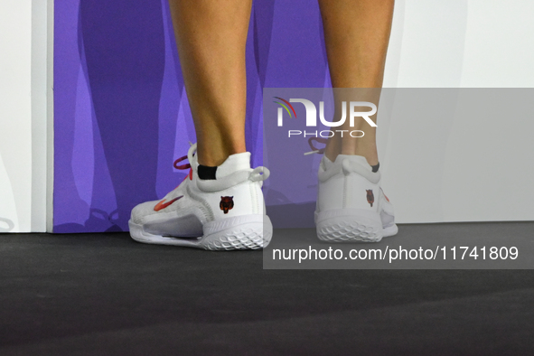 RIYADH, SAUDI ARABIA - NOVEMBER 04: Aryna Sabalenka of Belarus, wearing Nike shoes with a tiger-themed logo, after her match against Jasmine...