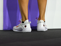 RIYADH, SAUDI ARABIA - NOVEMBER 04: Aryna Sabalenka of Belarus, wearing Nike shoes with a tiger-themed logo, after her match against Jasmine...