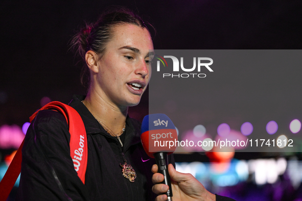 RIYADH, SAUDI ARABIA - NOVEMBER 04: Aryna Sabalenka of Belarus speaks to Sky Sports after her match against Jasmine Paolini of Italy on Day...