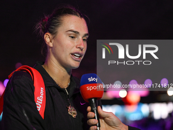 RIYADH, SAUDI ARABIA - NOVEMBER 04: Aryna Sabalenka of Belarus speaks to Sky Sports after her match against Jasmine Paolini of Italy on Day...