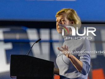 Wisconsin Senator Tammy Baldwin speaks at a campaign event for Minnesota Governor Tim Walz in Milwaukee, Wisconsin, on november 04, 2024. (