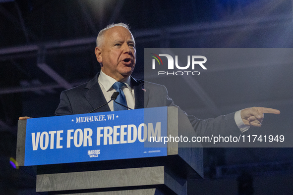 Minnesota Governor and Democratic VP candidate Tim Walz speaks at a campaign event in Milwaukee, Wisconsin, on november 04, 2024. 