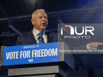 Minnesota Governor and Democratic VP candidate Tim Walz speaks at a campaign event in Milwaukee, Wisconsin, on november 04, 2024. (