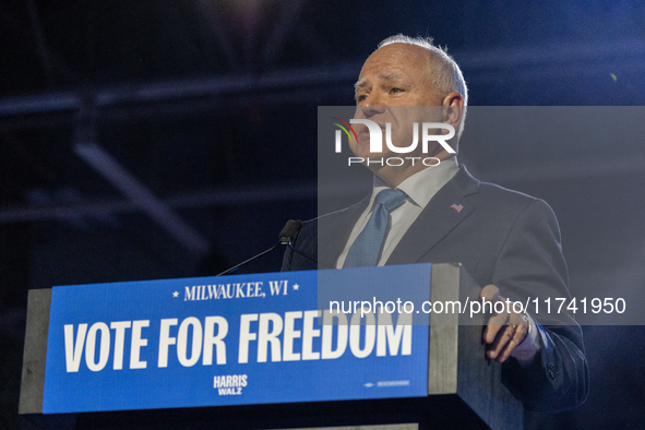 Minnesota Governor and Democratic VP candidate Tim Walz speaks at a campaign event in Milwaukee, Wisconsin, on november 04, 2024. 