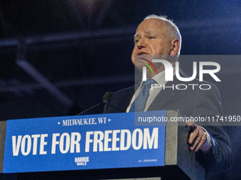 Minnesota Governor and Democratic VP candidate Tim Walz speaks at a campaign event in Milwaukee, Wisconsin, on november 04, 2024. (