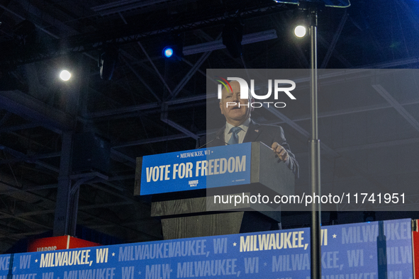 Minnesota Governor and Democratic VP candidate Tim Walz speaks at a campaign event in Milwaukee, Wisconsin, on november 04, 2024. 