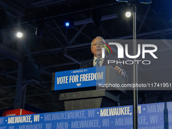 Minnesota Governor and Democratic VP candidate Tim Walz speaks at a campaign event in Milwaukee, Wisconsin, on november 04, 2024. (