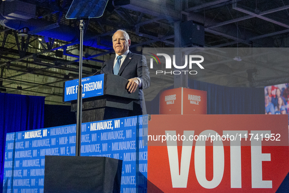 Minnesota Governor and Democratic VP candidate Tim Walz speaks at a campaign event in Milwaukee, Wisconsin, on november 04, 2024. 