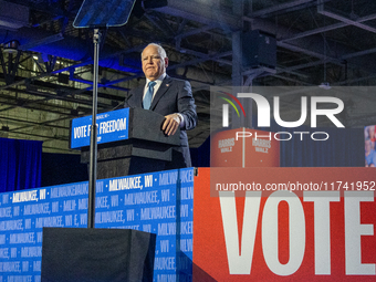 Minnesota Governor and Democratic VP candidate Tim Walz speaks at a campaign event in Milwaukee, Wisconsin, on november 04, 2024. (