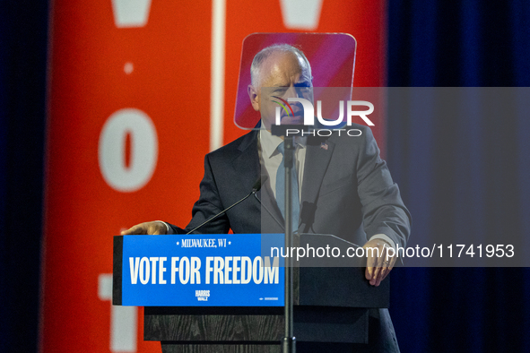 Minnesota Governor and Democratic VP candidate Tim Walz speaks at a campaign event in Milwaukee, Wisconsin, on november 04, 2024. 