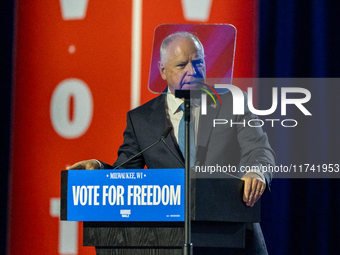 Minnesota Governor and Democratic VP candidate Tim Walz speaks at a campaign event in Milwaukee, Wisconsin, on november 04, 2024. (