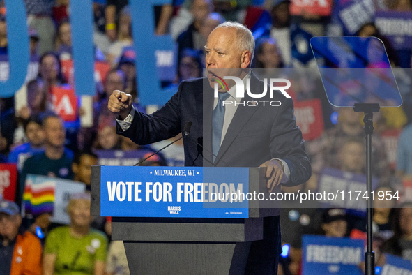 Minnesota Governor and Democratic VP candidate Tim Walz speaks at a campaign event in Milwaukee, Wisconsin, on november 04, 2024. 