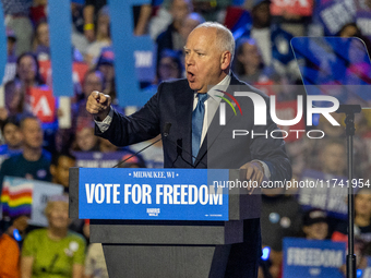 Minnesota Governor and Democratic VP candidate Tim Walz speaks at a campaign event in Milwaukee, Wisconsin, on november 04, 2024. (