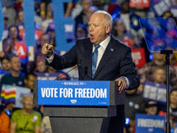 Minnesota Governor and Democratic VP candidate Tim Walz speaks at a campaign event in Milwaukee, Wisconsin, on november 04, 2024. (