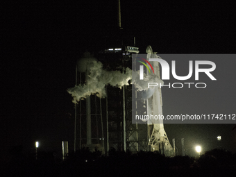 SpaceX CRS-31 Falcon 9 Rocket begins fueling shortly before launch from Kennedy Space Center in Florida, USA. (