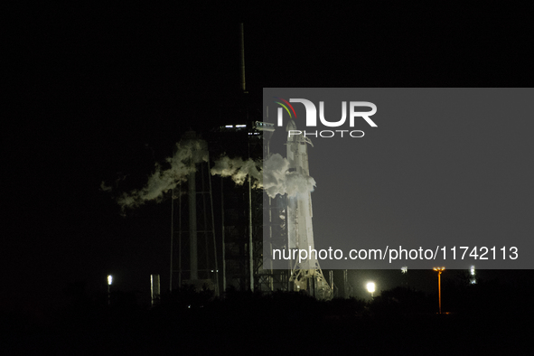 SpaceX CRS-31 Falcon 9 Rocket begins fueling shortly before launch from Kennedy Space Center in Florida, USA. 