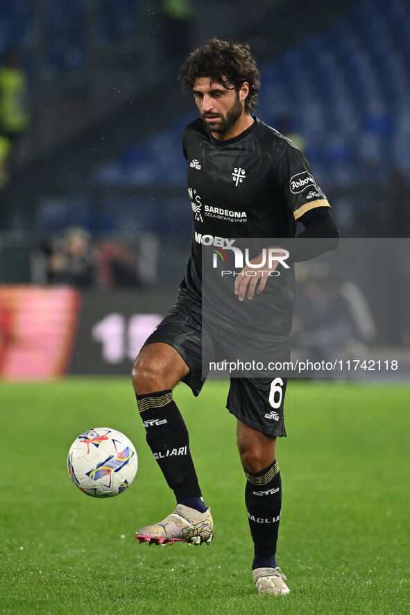 Sebastiano Luperto of Cagliari Calcio is in action during the 11th day of the Serie A Championship between S.S. Lazio and Cagliari Calcio at...