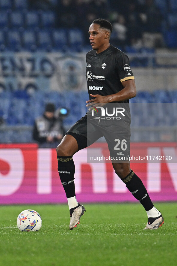 Yerry Mina of Cagliari Calcio is in action during the 11th day of the Serie A Championship between S.S. Lazio and Cagliari Calcio at the Oly...