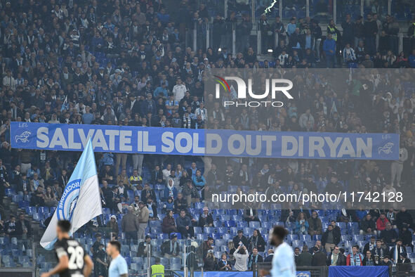 Supporters of S.S. Lazio are in action during the 11th day of the Serie A Championship between S.S. Lazio and Cagliari Calcio at the Olympic...