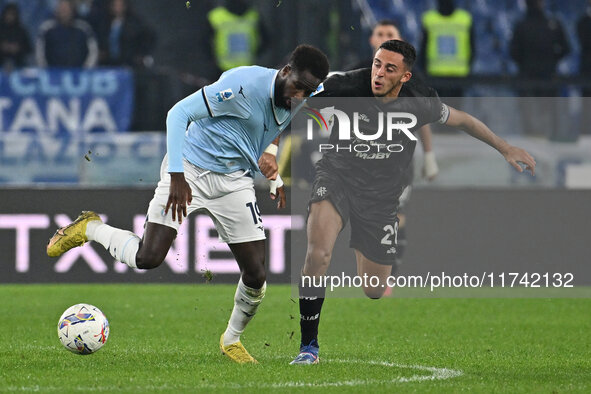 Boulaye Dia of S.S. Lazio and Gabriele Zappa of Cagliari Calcio are in action during the 11th day of the Serie A Championship between S.S. L...